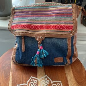 The Sak Backpack Purse Leather and Denim Multicolor Woven top